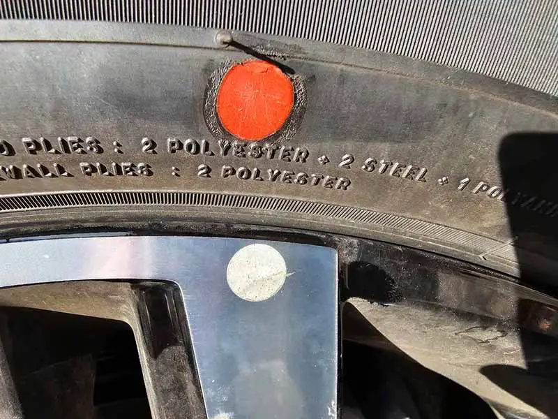 red and white dots on tire and wheel