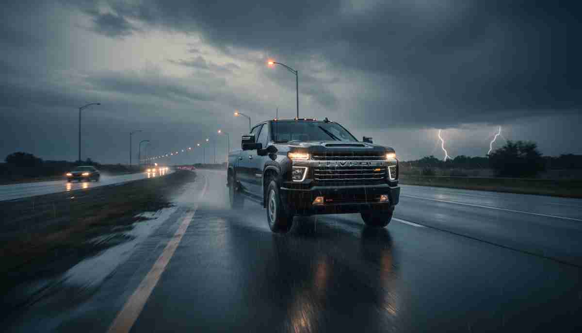 The Goodyear Wrangler Fortitude HT has limited wet weather capability — extra caution is advised in heavy rain.