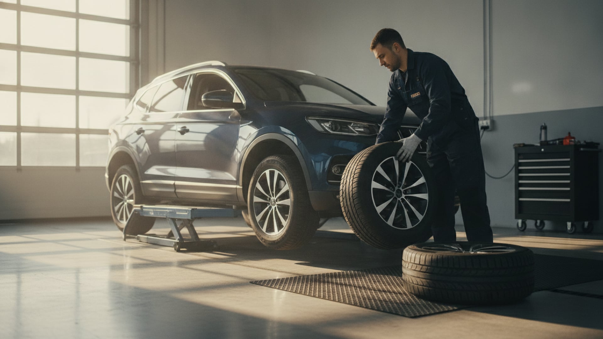 A mechanic rotating tires on an all-wheel-drive crossover SUV in a service garage