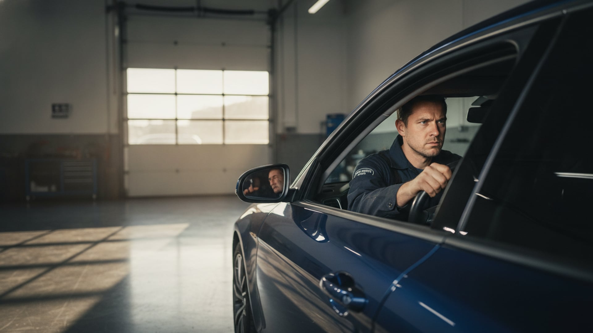 A mechanic in the driver's seat of a dark blue sedan, hands on the wheel, in a service garage