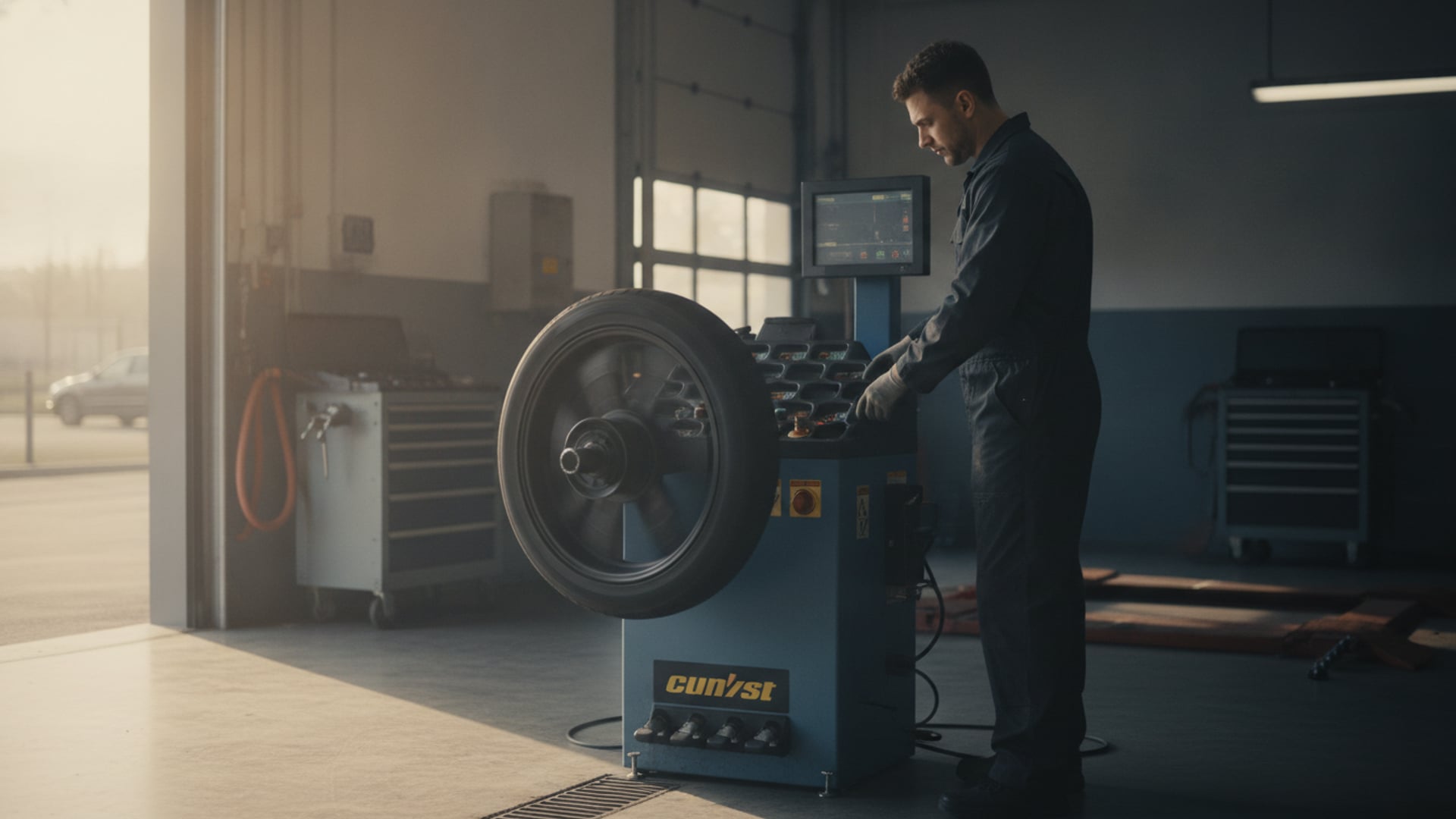 A mechanic operating a tire balancing machine with a tire mounted in a service garage