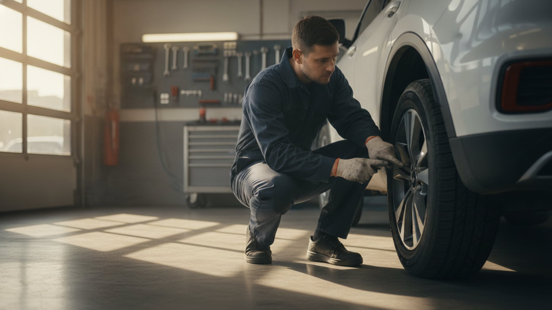 A mechanic closely inspecting the sidewall of a tire on a white SUV in a service garage