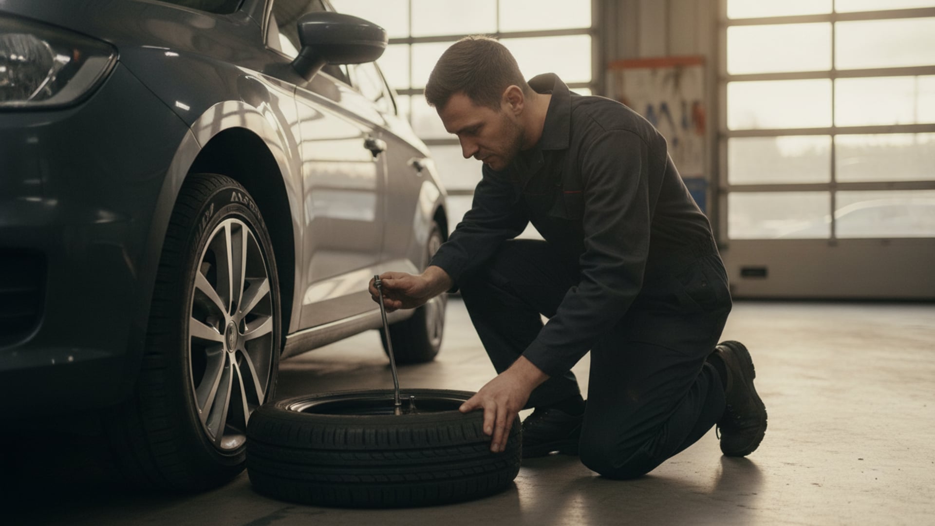 A mechanic crouched beside a flat tire on a dark gray hatchback, examining the valve stem in a service garage