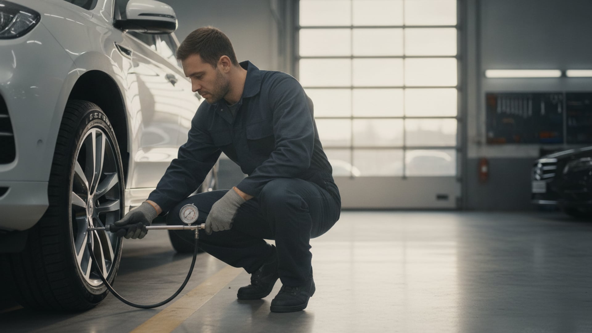 A mechanic checking tire pressure on the front wheel of a white SUV with a pressure gauge in a service garage