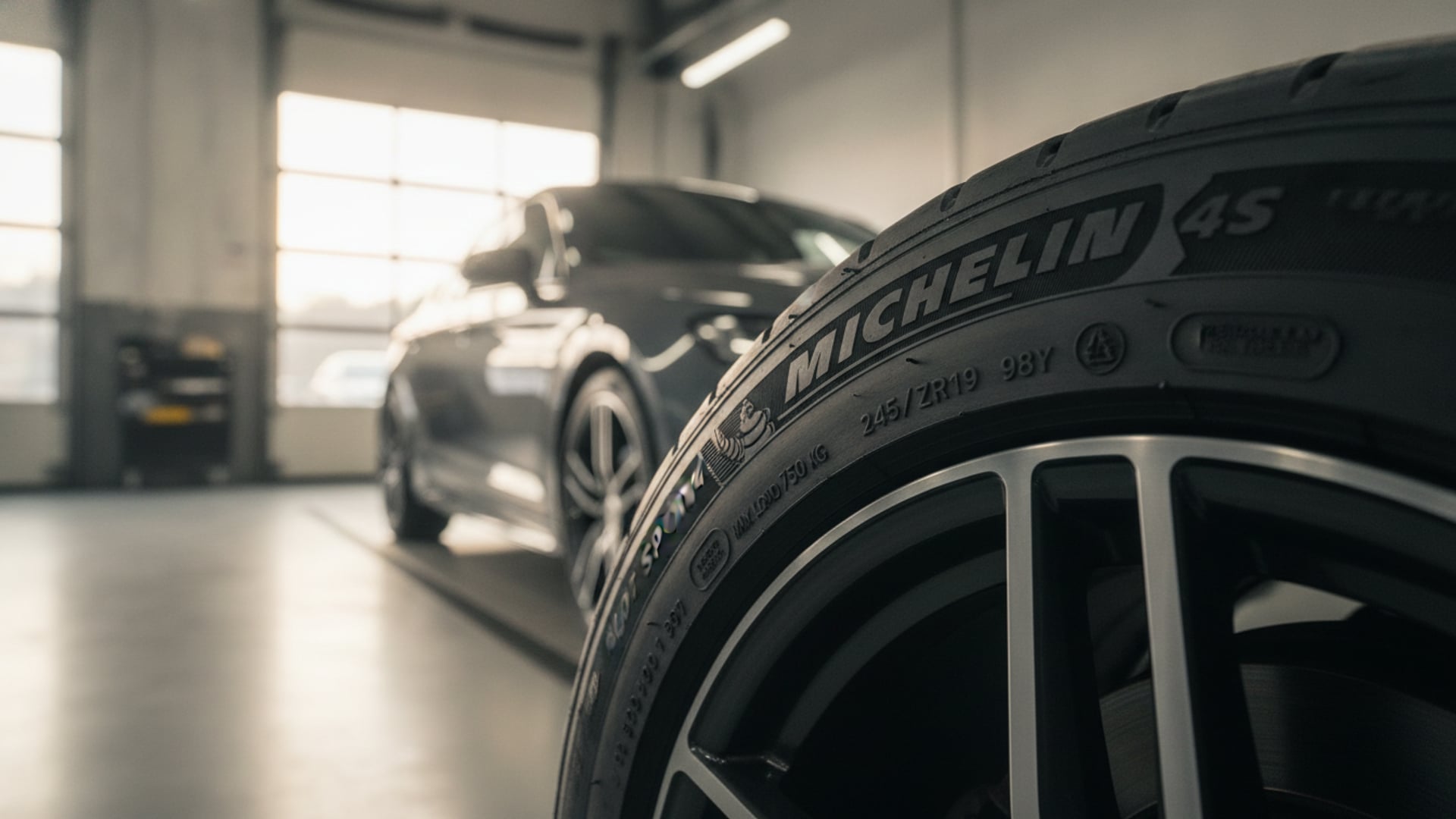 Close-up of a tire sidewall showing manufacturer markings and reinforcement designations