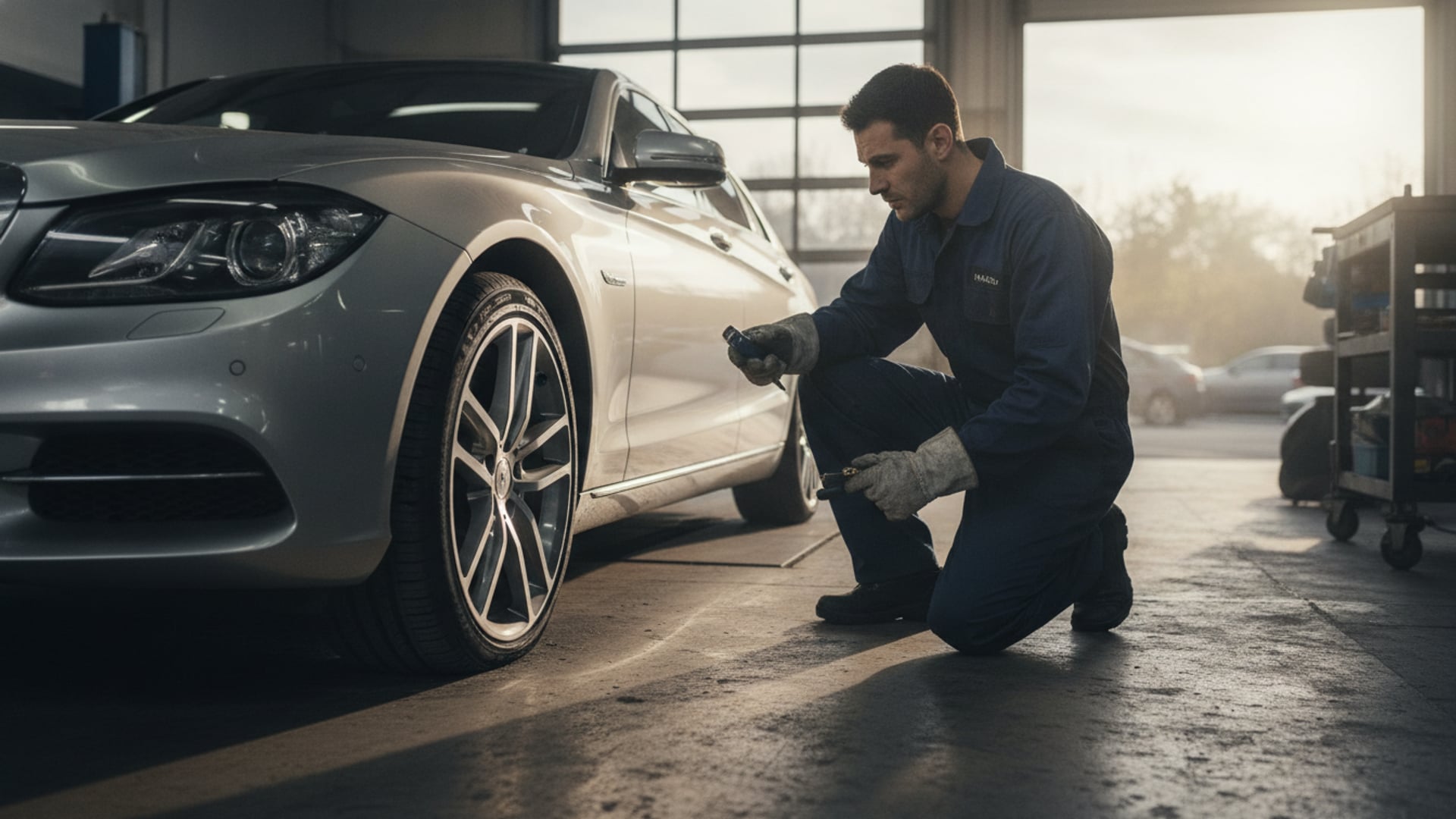 A mechanic examining a deflated but still-shaped run-flat tire on a silver sedan in a service garage