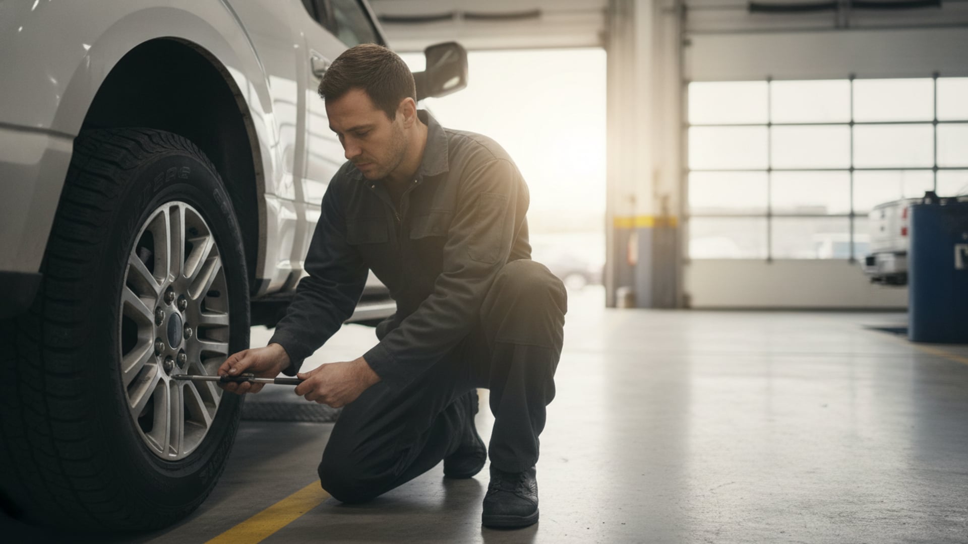 A mechanic measuring tread depth on the rear tire of a white pickup truck in a service garage