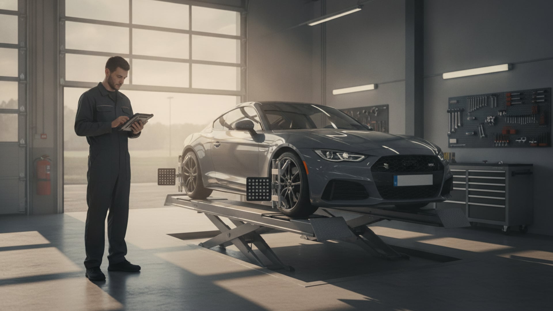 A car on an alignment rack in a service garage with a technician reading the diagnostic display