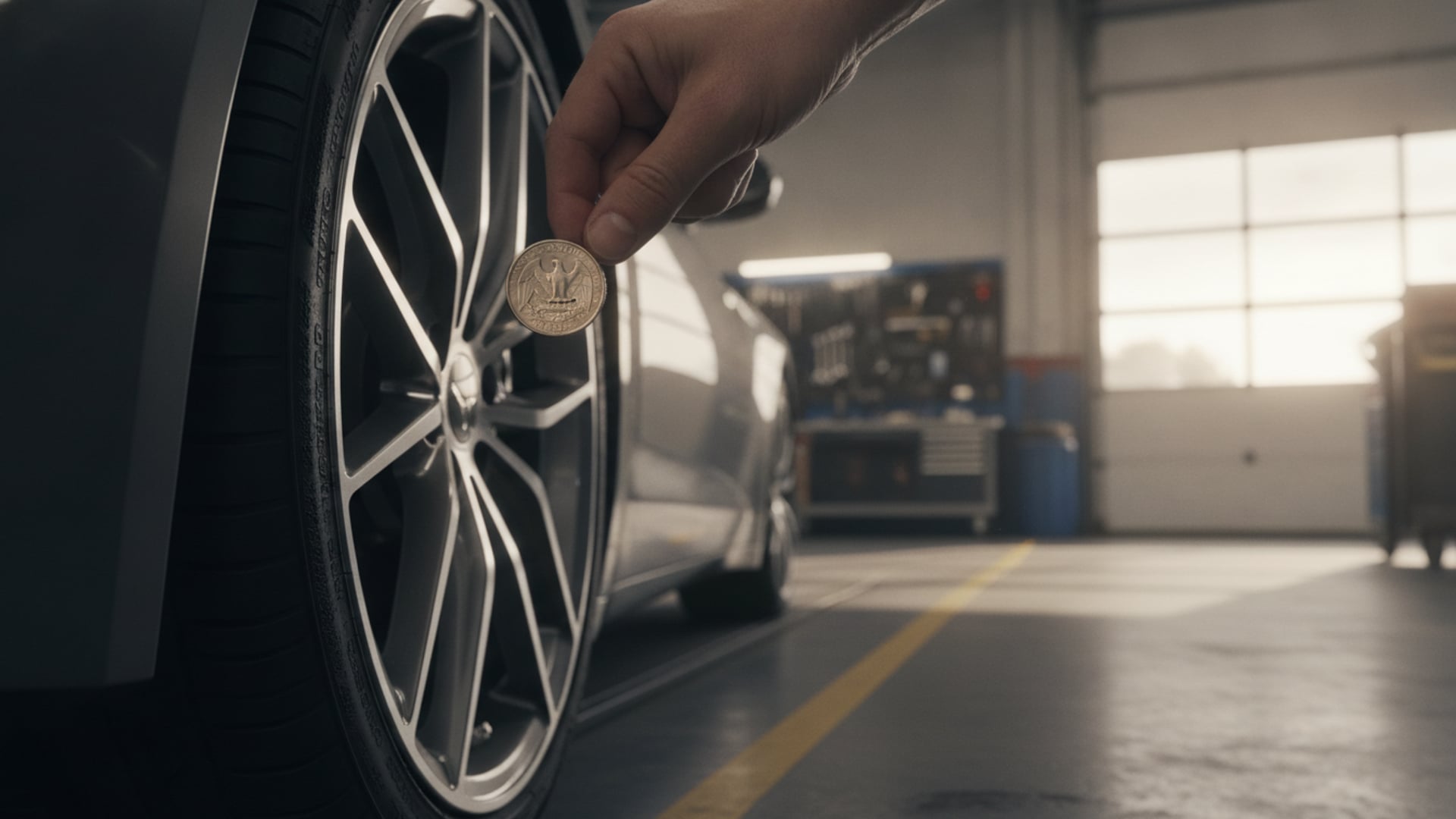 A hand holding a U.S. quarter coin next to the tread of a car tire in a service garage