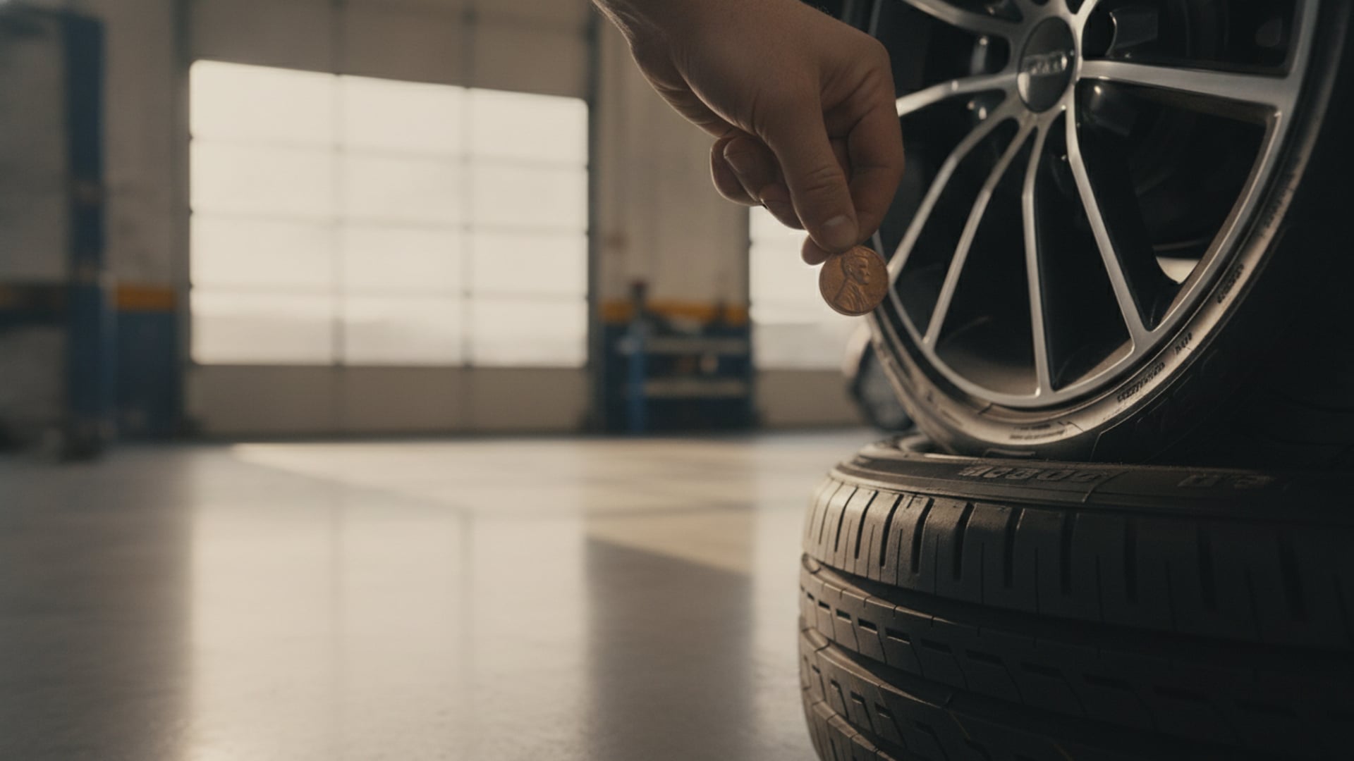 A hand holding a U.S. penny coin next to the tread of a car tire in a service garage