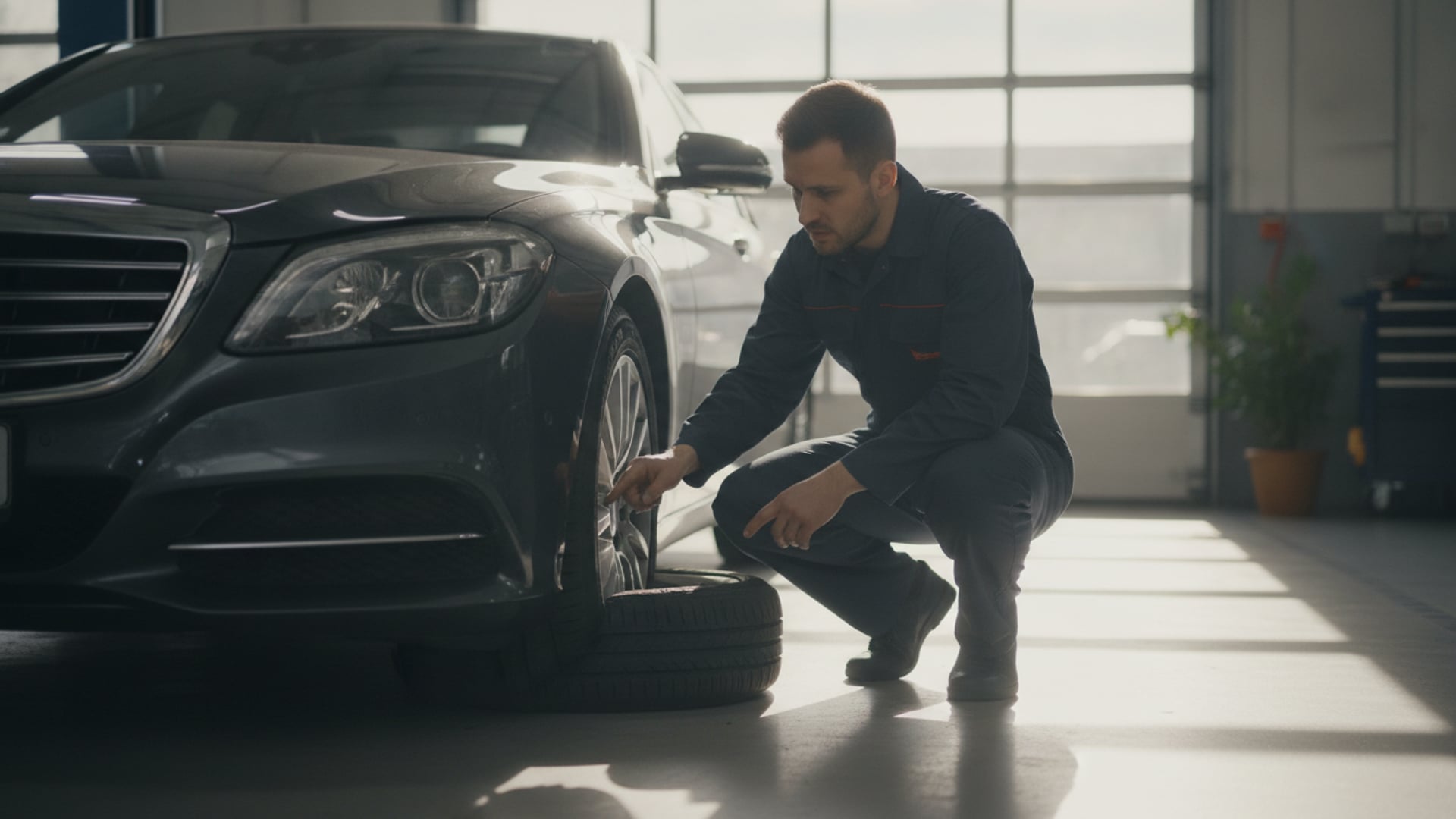 A mechanic examining a visibly low front tire on a dark gray sedan in a service garage