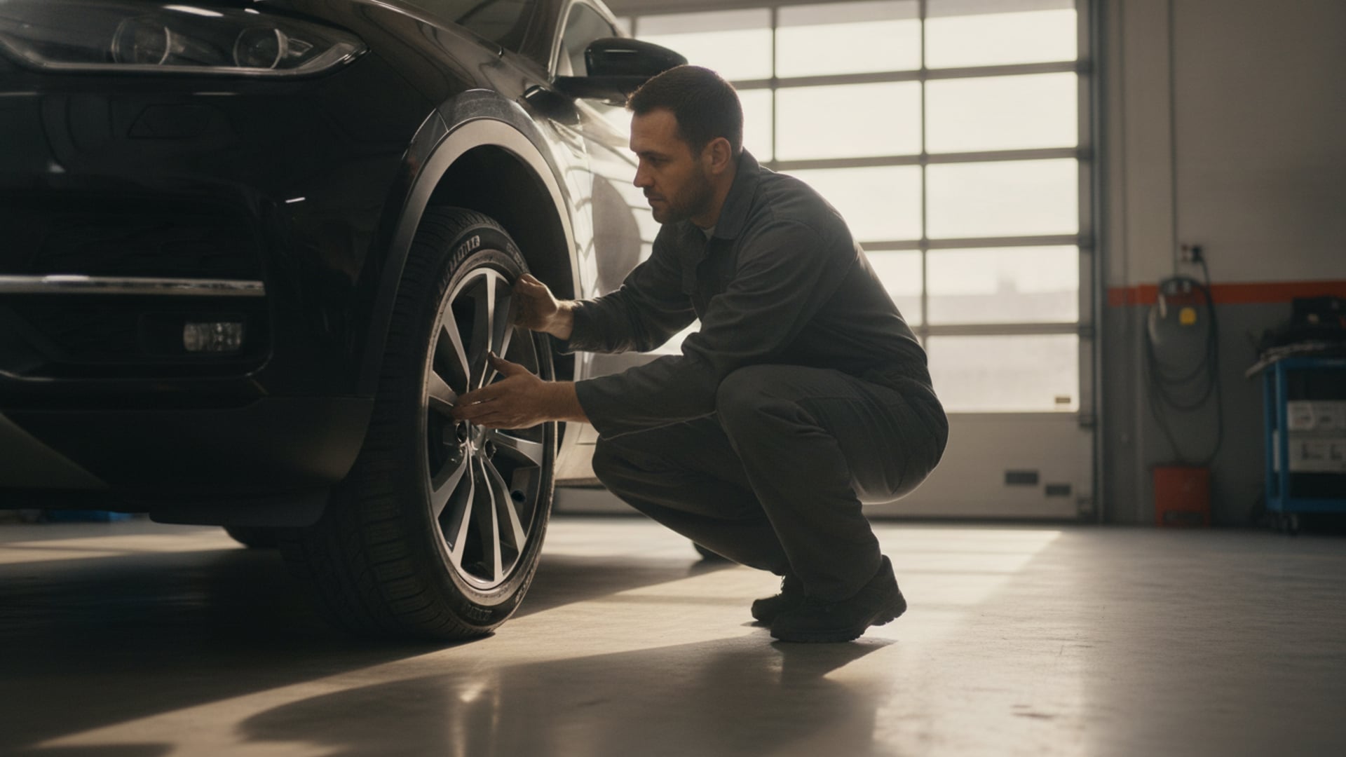 A mechanic inspecting the inside edge of the front tire on a black SUV in a service garage