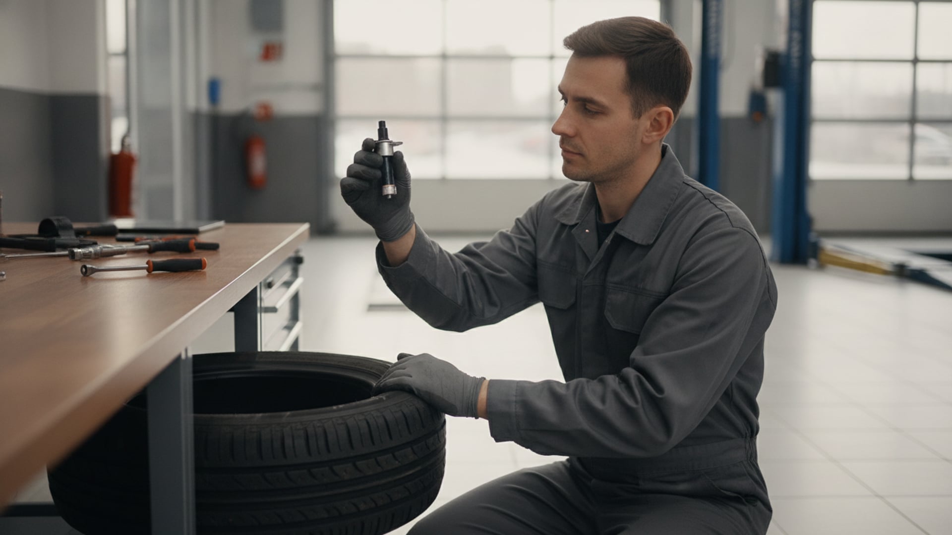 A mechanic holding a TPMS sensor while inspecting a dismounted tire on a workbench in a service garage