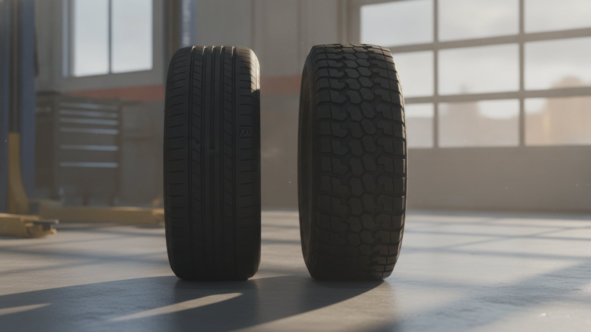 Two tires side by side in a service garage, one XL passenger style and one E light truck style