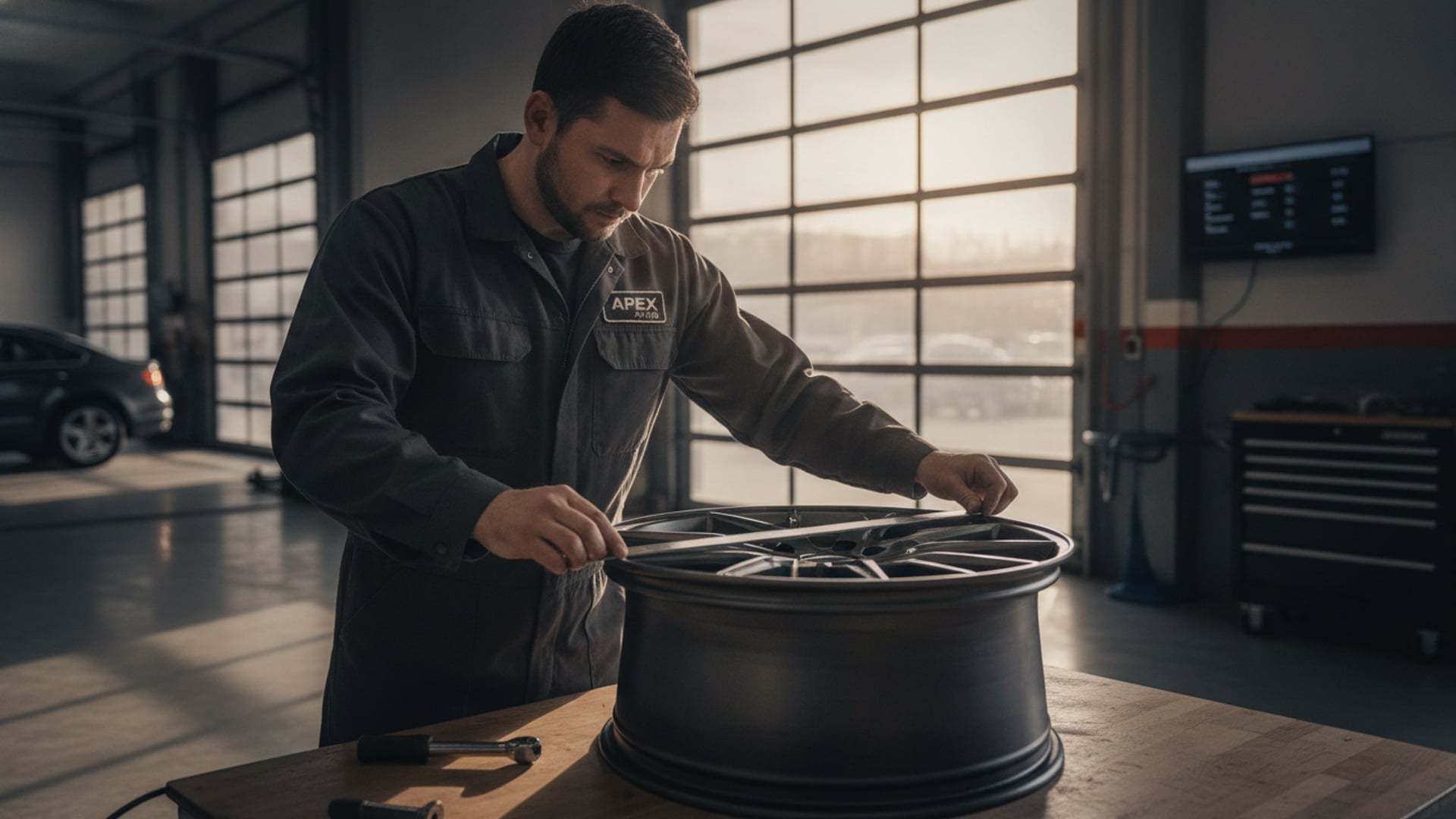 A mechanic measuring the width of an aftermarket alloy wheel with a ruler on a workbench in a service garage
