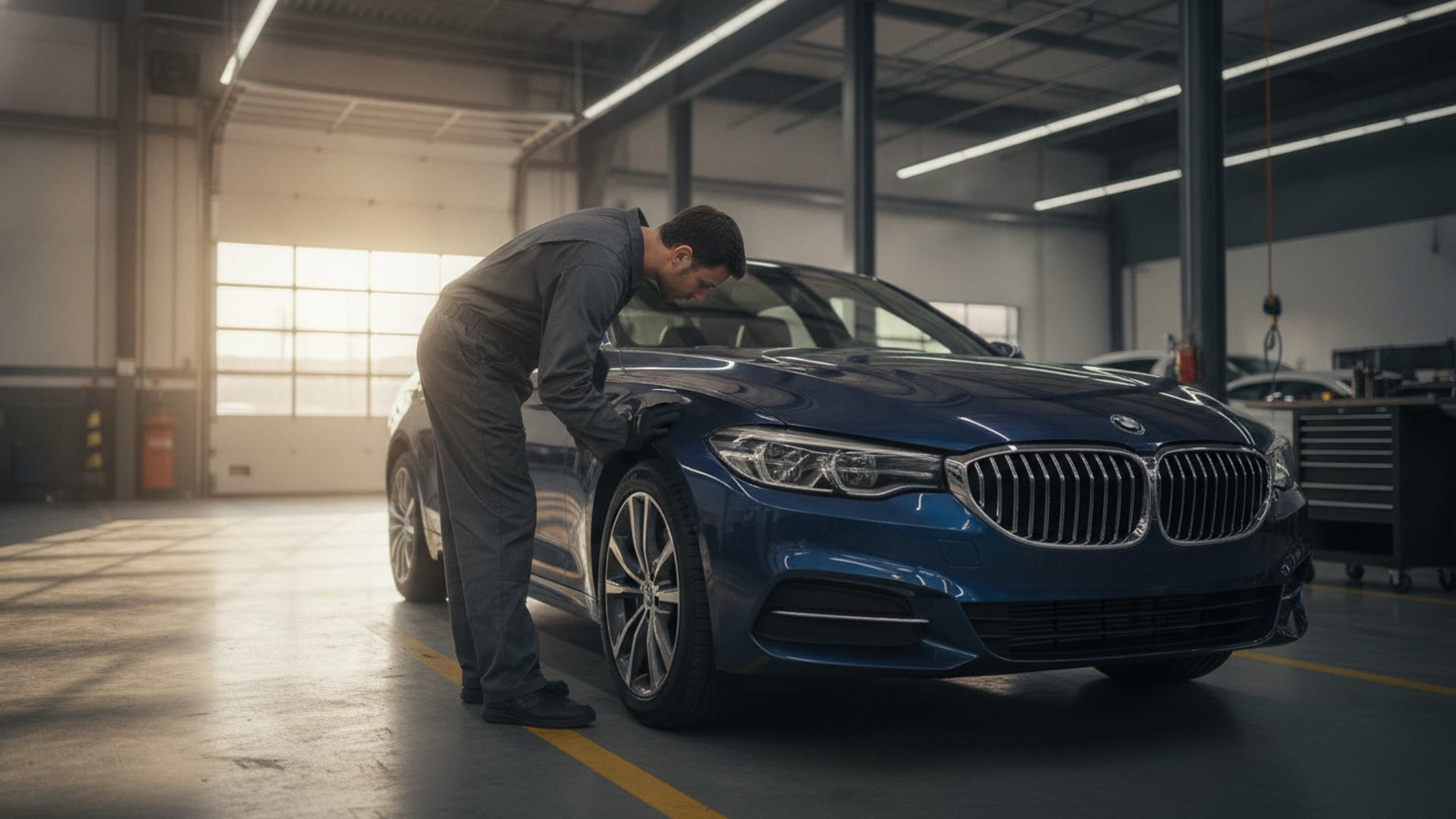 A mechanic examining the front tire of a dark blue sedan in a service garage