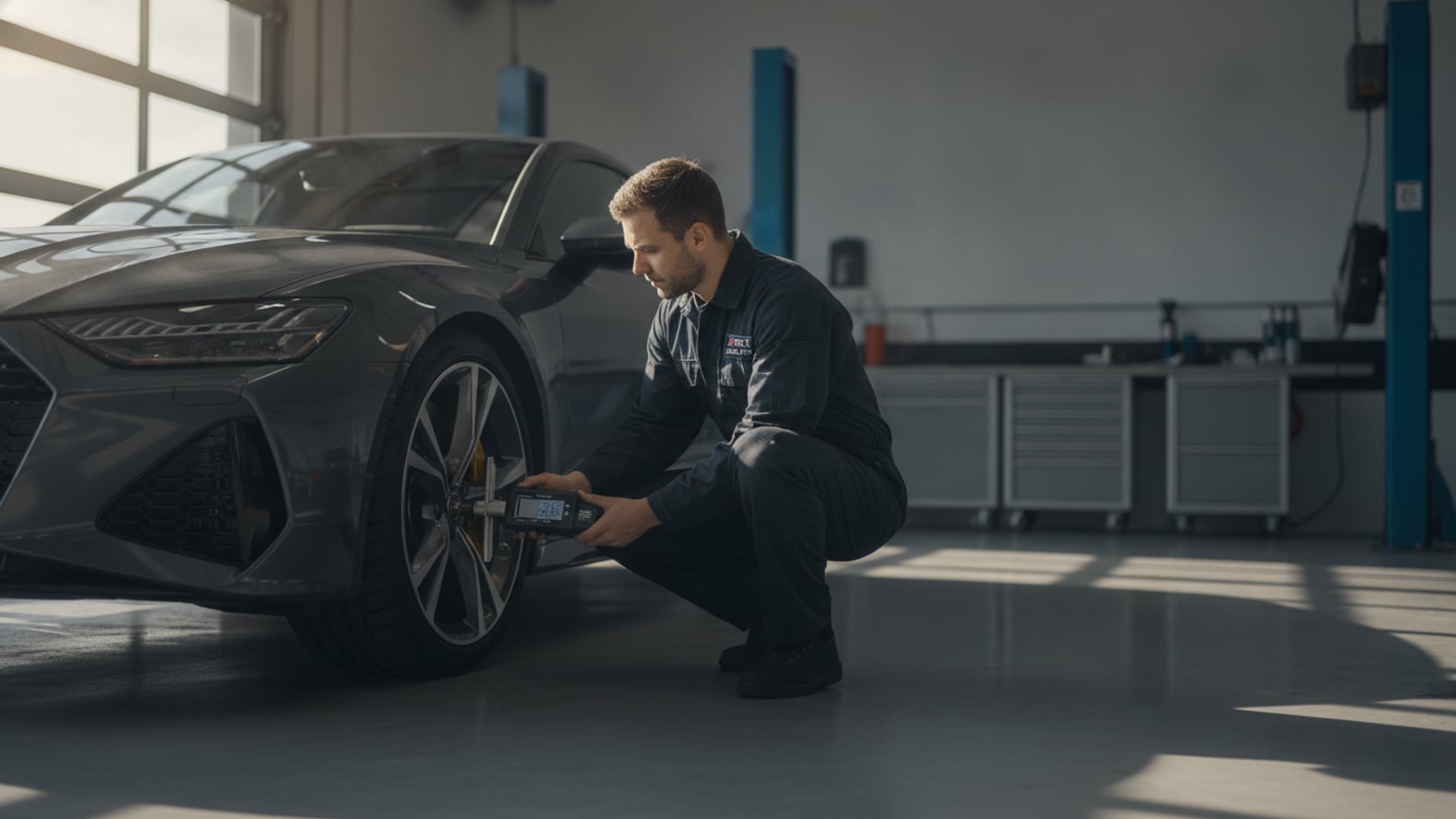 A mechanic examining the camber angle of a front wheel on a sports sedan in a service garage