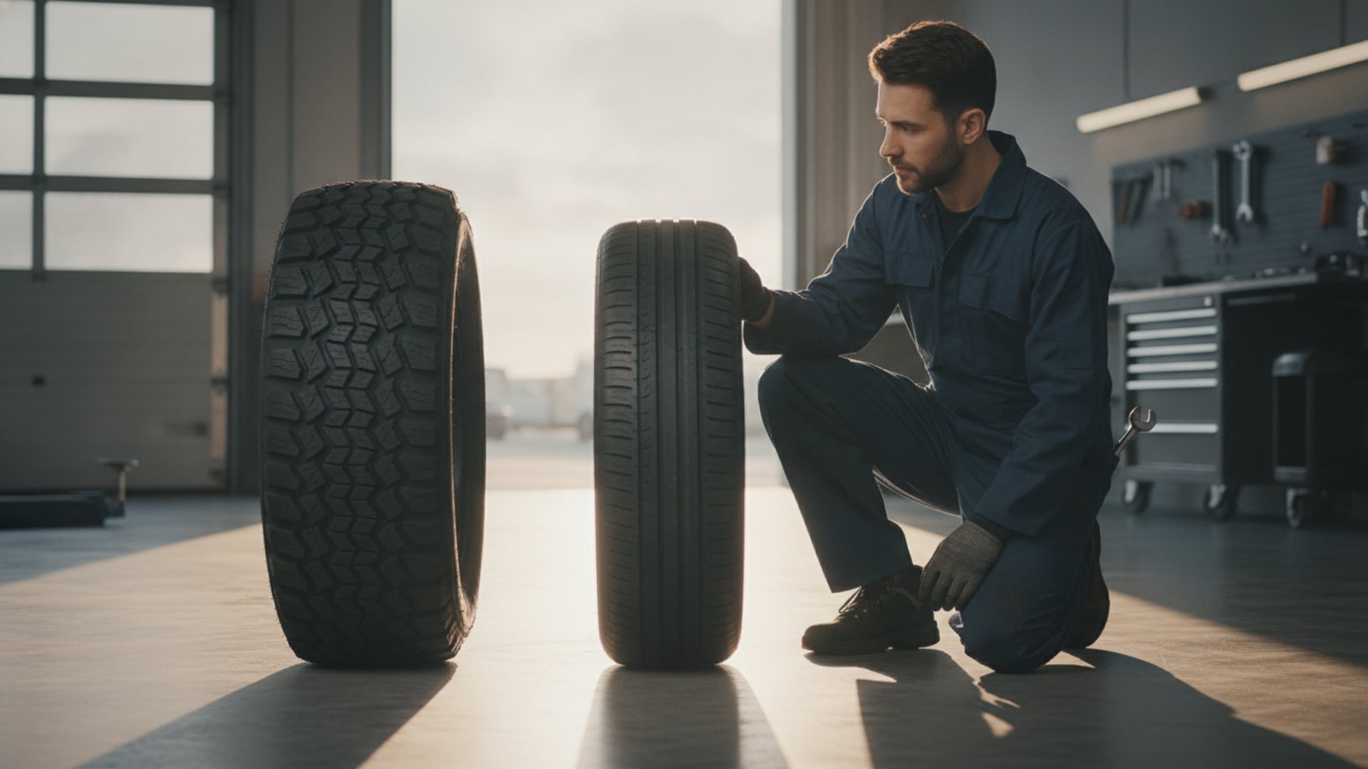 A mechanic comparing two tires of different widths in a service garage