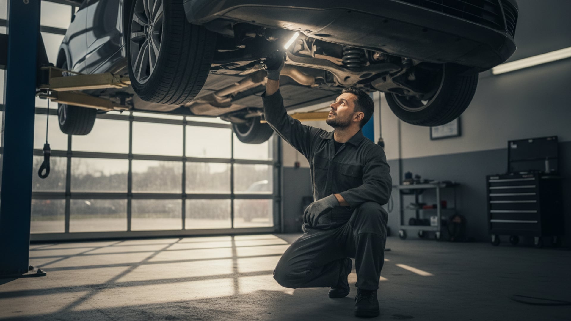 A mechanic inspecting suspension components under a dark gray sedan on a lift in a service garage