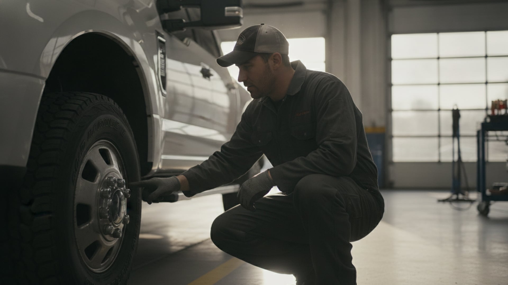 A mechanic inspecting the sidewall markings of a heavy-duty truck tire on a white dually pickup in a service garage