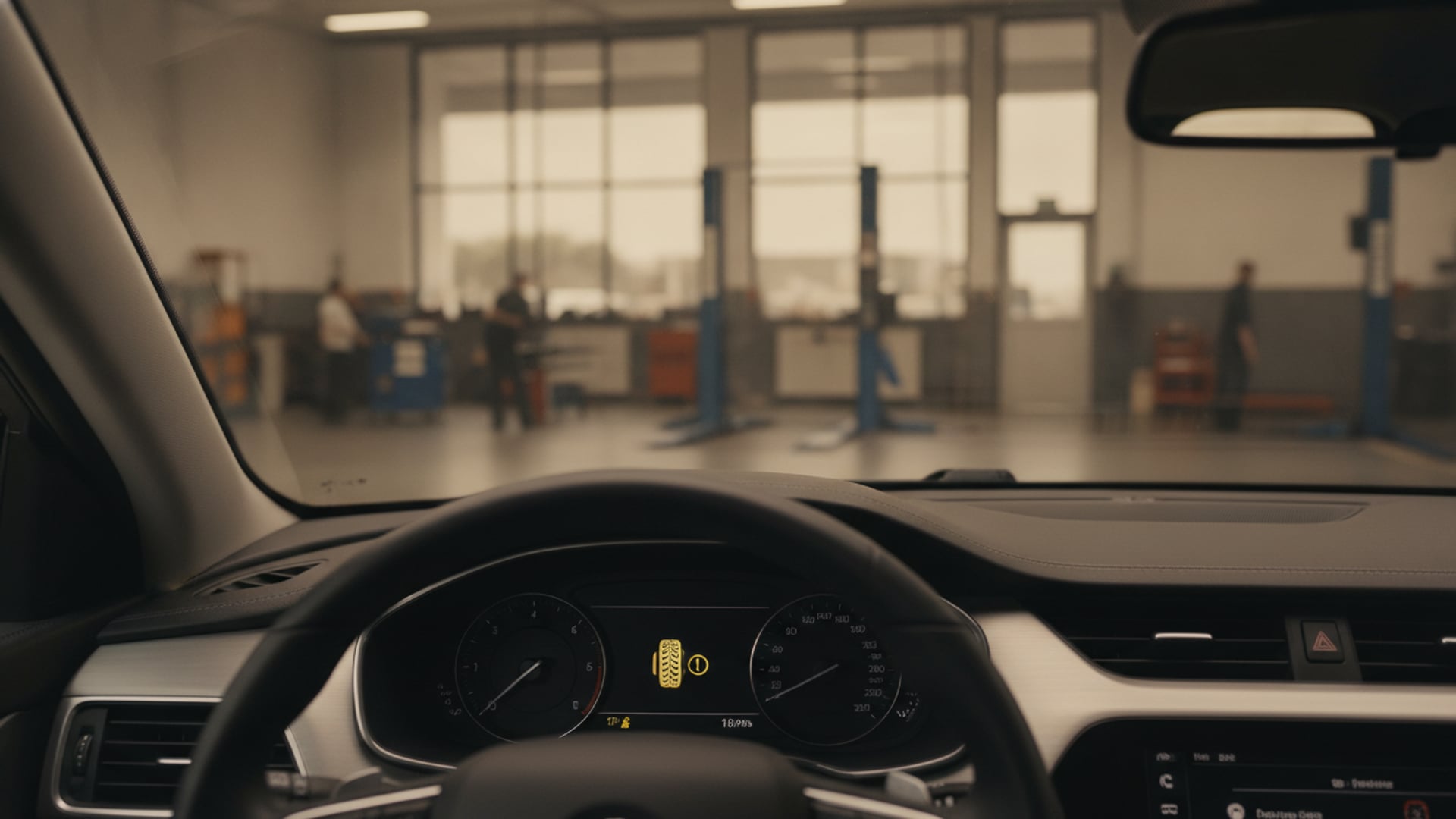 View from the driver's seat showing a yellow TPMS warning light illuminated on a car's dashboard