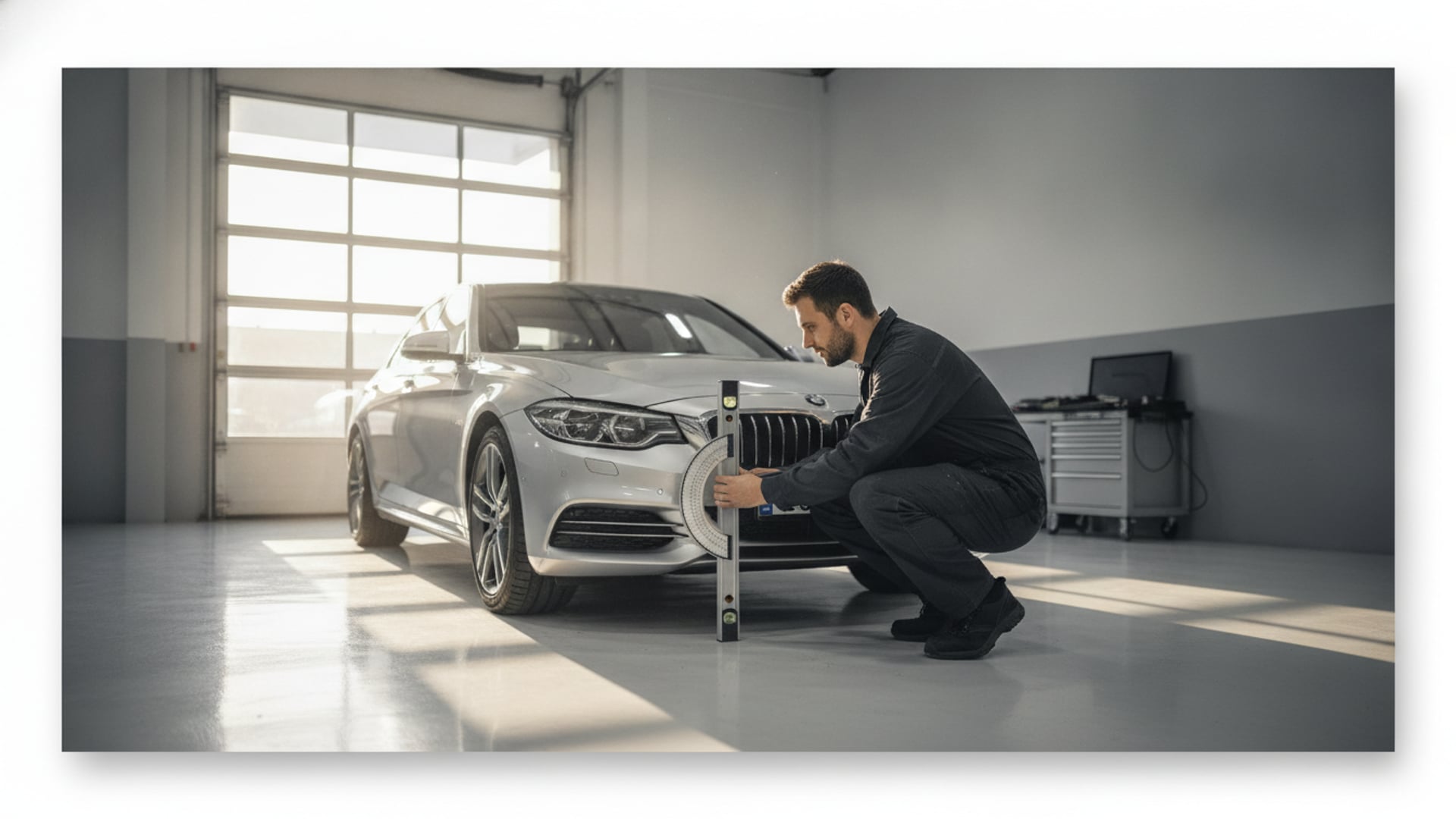A mechanic examining the toe alignment of a front wheel on a silver sedan in a service garage