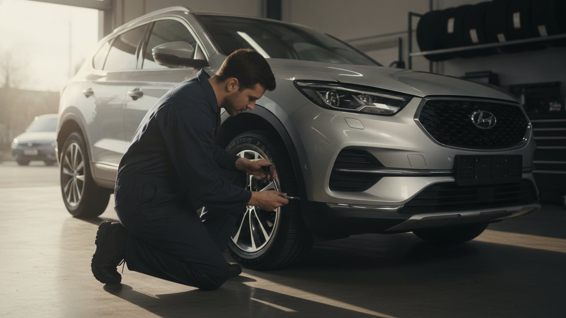 A tire technician using a tread depth gauge to inspect the front tire of a silver crossover SUV in a service garage