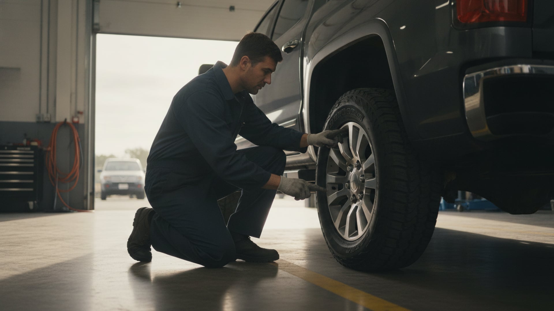 A mechanic examining the sidewall of an all-season truck tire on a dark gray half-ton pickup in a service garage