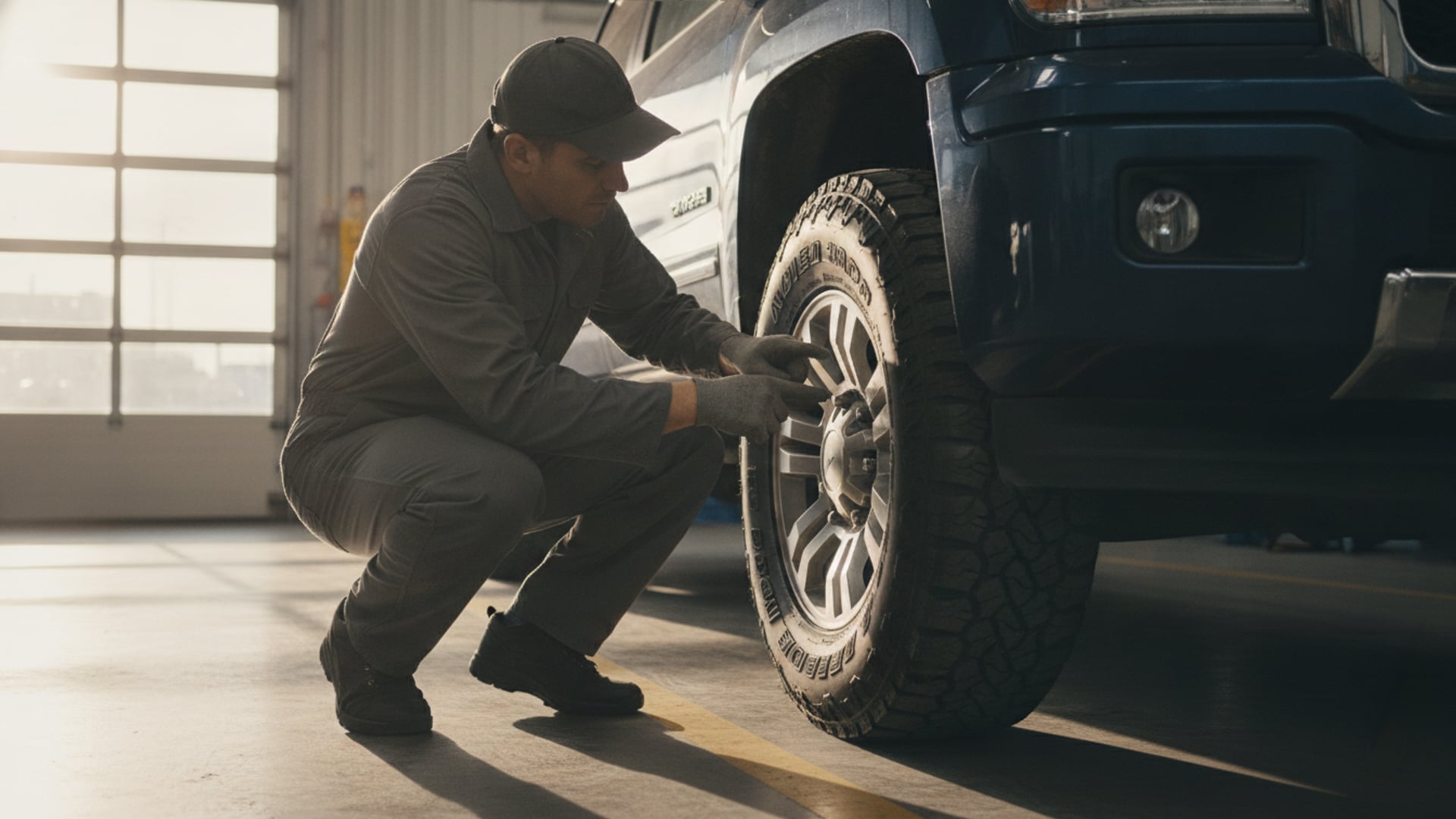 A mechanic examining the sidewall of a heavy-duty tire on a dark blue pickup truck in a service garage