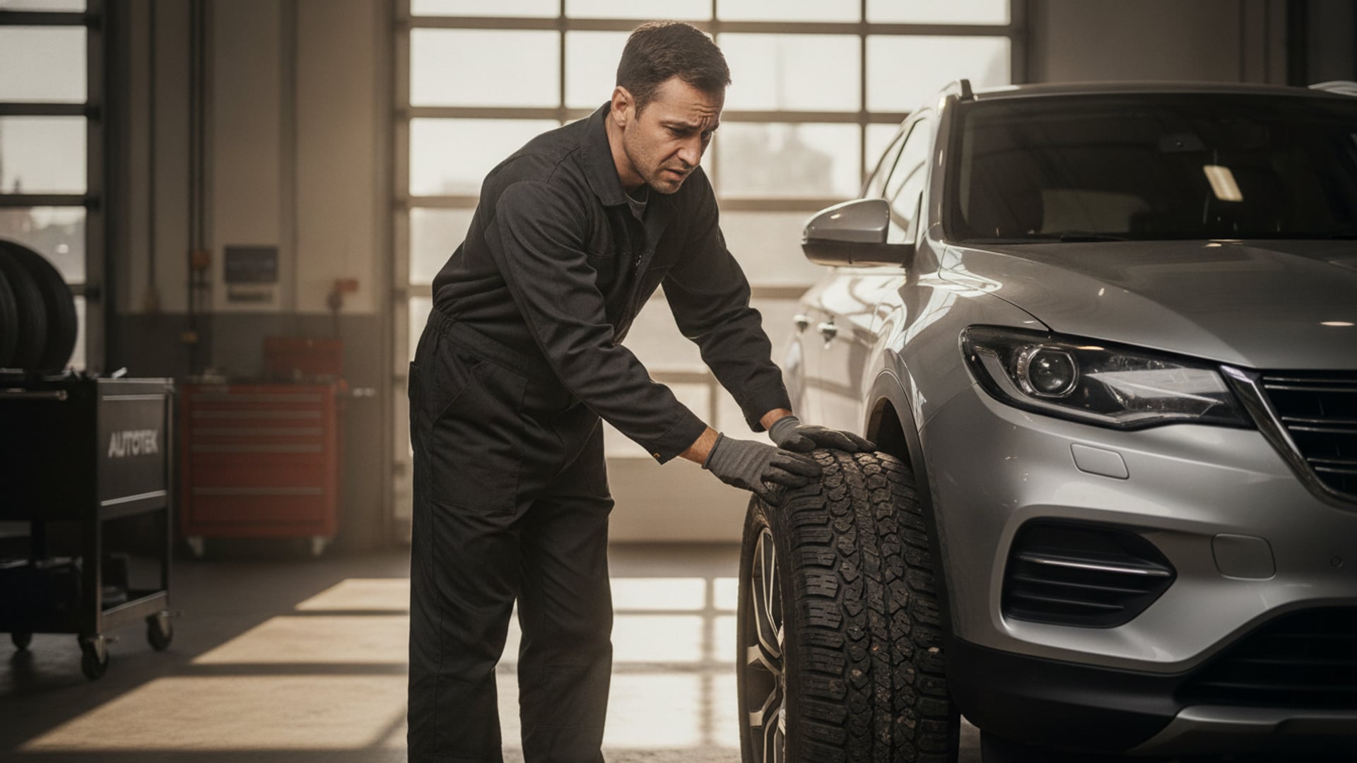 A mechanic running a hand across a tire's tread diagnostically on a silver crossover SUV in a service garage
