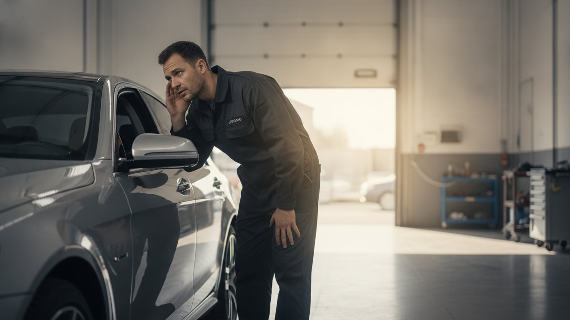 A mechanic listening near the front wheel area of a silver sedan in a service garage